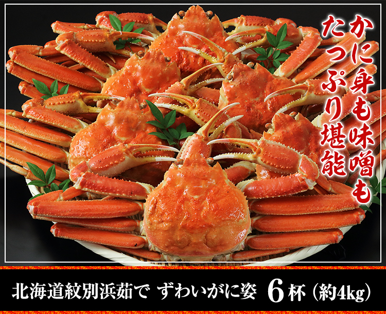 かに本舗北海道紋別浜茹で ずわい蟹姿 ６杯（約４kg）12,800円(税込)